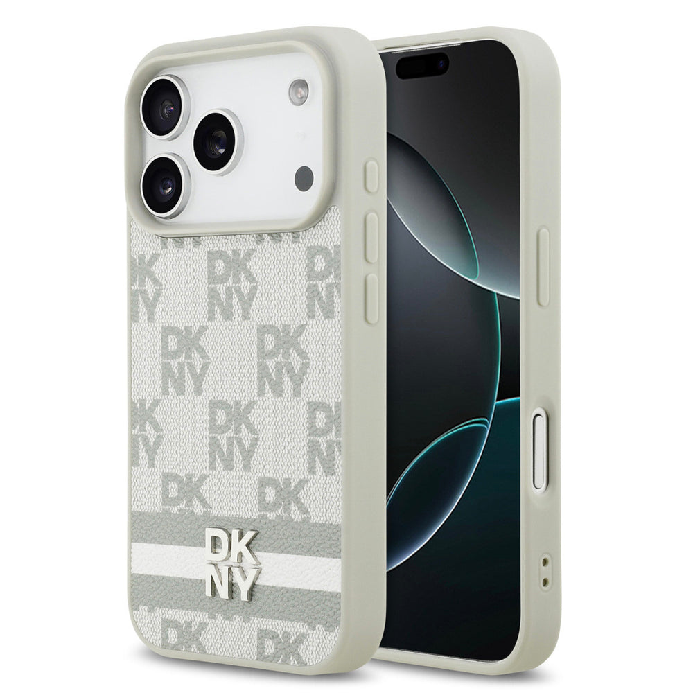 DKNY iPhone 17 Pro Backcover hoesje - Checkered Pattern With Printed Stripes - Beige-Hoesjes-Ilumina Benelux