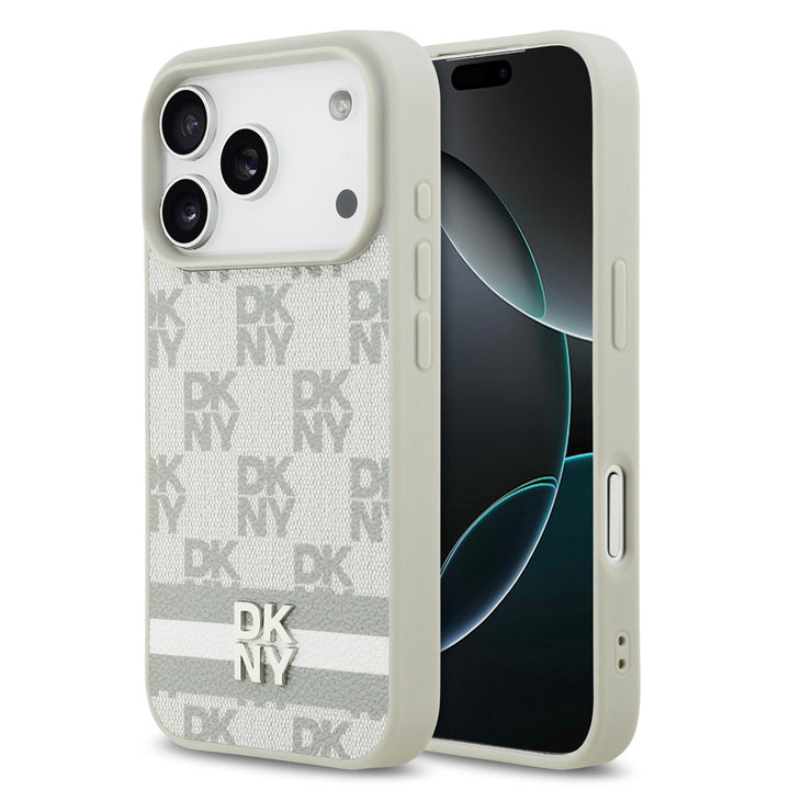 DKNY iPhone 17 Pro Backcover hoesje - Checkered Pattern With Printed Stripes - Beige-Hoesjes-Ilumina Benelux