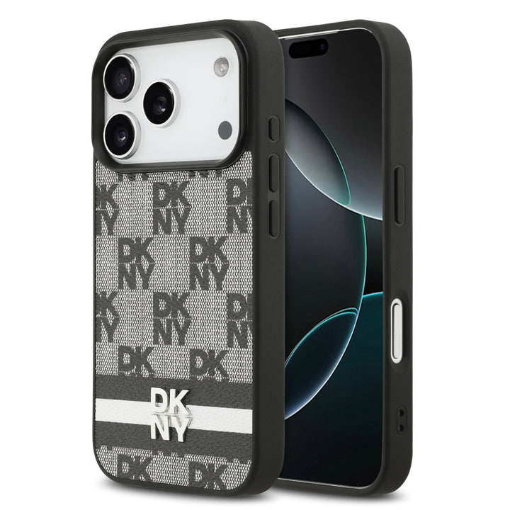 DKNY iPhone 17 Pro Backcover hoesje - Checkered Pattern With Printed Stripes - Zwart-Hoesjes-Ilumina Benelux