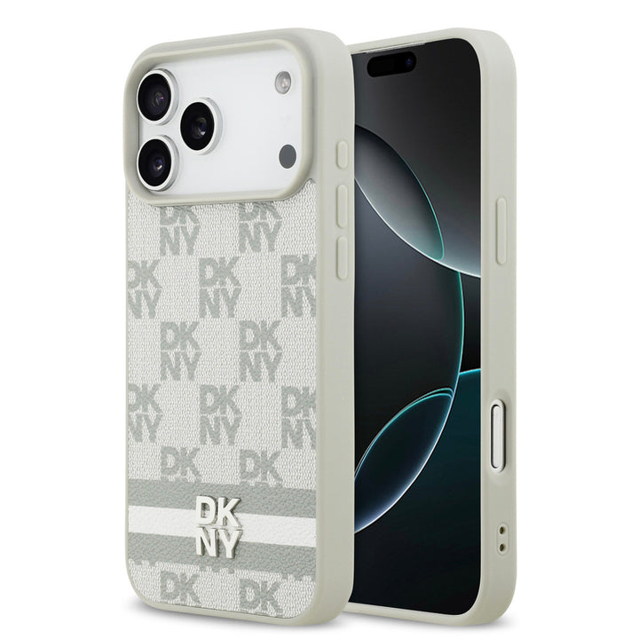 DKNY iPhone 17 Pro Max Backcover hoesje - Checkered Pattern With Printed Stripes - Beige-Hoesjes-Ilumina Benelux