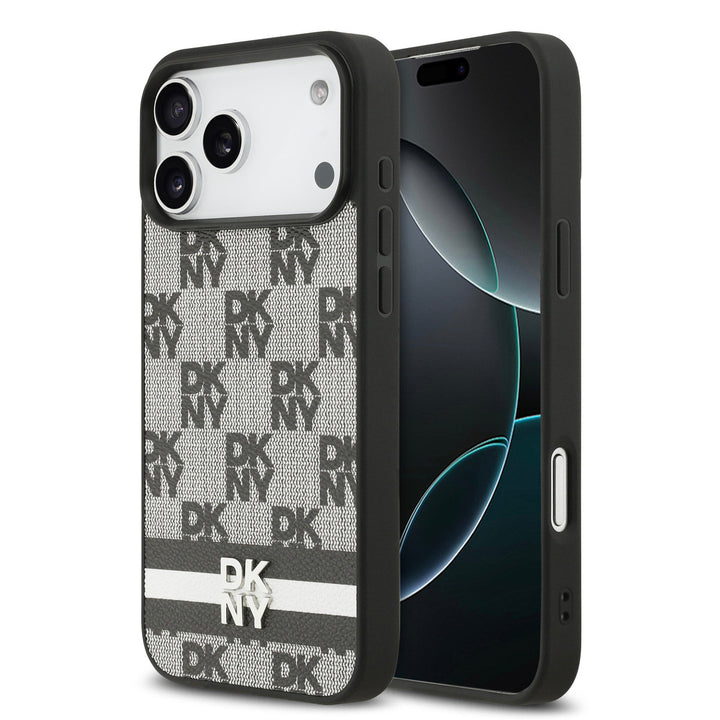 DKNY iPhone 17 Pro Max Backcover hoesje - Checkered Pattern With Printed Stripes - Zwart-Hoesjes-Ilumina Benelux