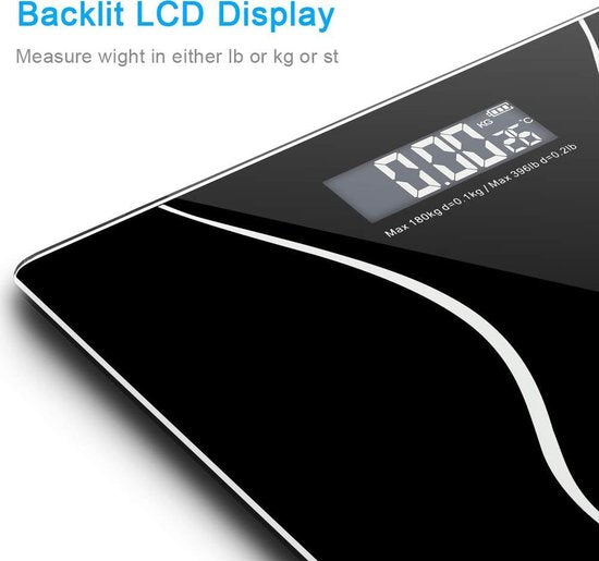 Digitale Personenweegschaal – Step-On Technologie – LCD-scherm met achtergrondverlichting – 180 kg – Gehard Glas – Zwart-Personenweegschaal-Ilumina Benelux