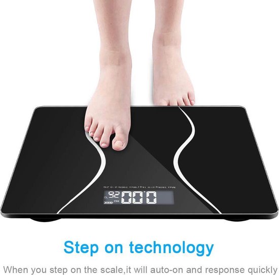 Digitale Personenweegschaal – Step-On Technologie – LCD-scherm met achtergrondverlichting – 180 kg – Gehard Glas – Zwart-Personenweegschaal-Ilumina Benelux