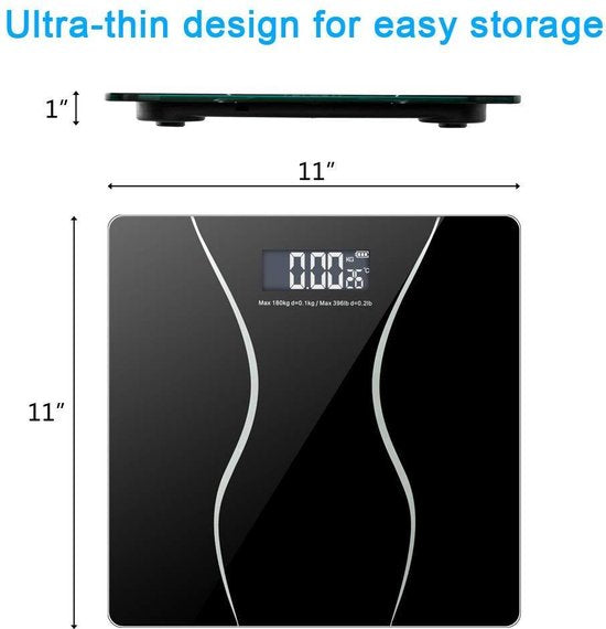 Digitale Personenweegschaal – Step-On Technologie – LCD-scherm met achtergrondverlichting – 180 kg – Gehard Glas – Zwart-Personenweegschaal-Ilumina Benelux