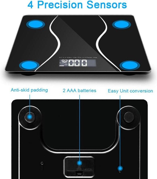 Digitale Personenweegschaal – Step-On Technologie – LCD-scherm met achtergrondverlichting – 180 kg – Gehard Glas – Zwart-Personenweegschaal-Ilumina Benelux