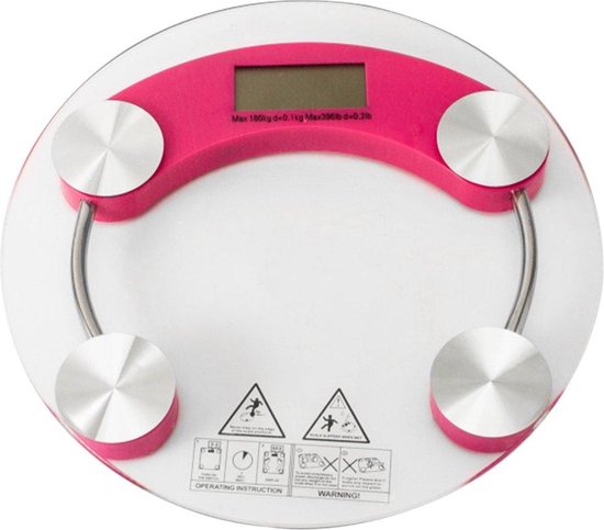 Digitale personenweegschaal – Badkamerweegschaal 180 kg – LCD display – Gehard glas 33 cm rond – Auto aan/uit – Roze-Personenweegschaal-Ilumina Benelux