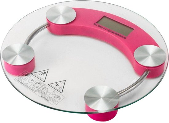 Digitale personenweegschaal – Badkamerweegschaal 180 kg – LCD display – Gehard glas 33 cm rond – Auto aan/uit – Roze-Personenweegschaal-Ilumina Benelux