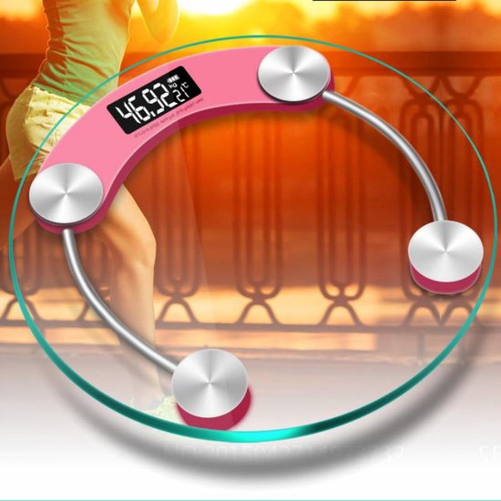 Digitale personenweegschaal – Badkamerweegschaal 180 kg – LCD display – Gehard glas 33 cm rond – Auto aan/uit – Roze-Personenweegschaal-Ilumina Benelux