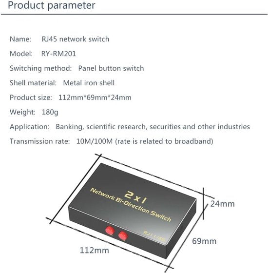 Ethernet Switch RJ45 – 2 Poorts Netwerkswitch Selector – 2-in 1-uit / 1-in 2-uit – Gigabit – Metalen Behuizing – Plug & Play-Netwerkswitch-Ilumina Benelux