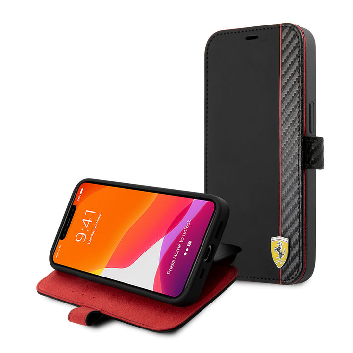 Ferrari iPhone 13 Mini Book Case hoesje - Carbon Stripe - Zwart-Hoesjes-Ilumina Benelux
