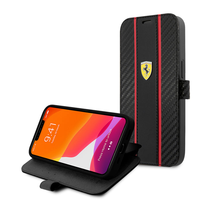Ferrari iPhone 13 Mini Book Case hoesje - Smooth Tire Stripe - Zwart-Hoesjes-Ilumina Benelux