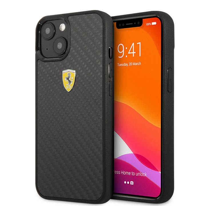 Ferrari iPhone 13 Mini Hardcase Backcover - Carbon - Metal Logo - Zwart-Hoesjes-Ilumina Benelux