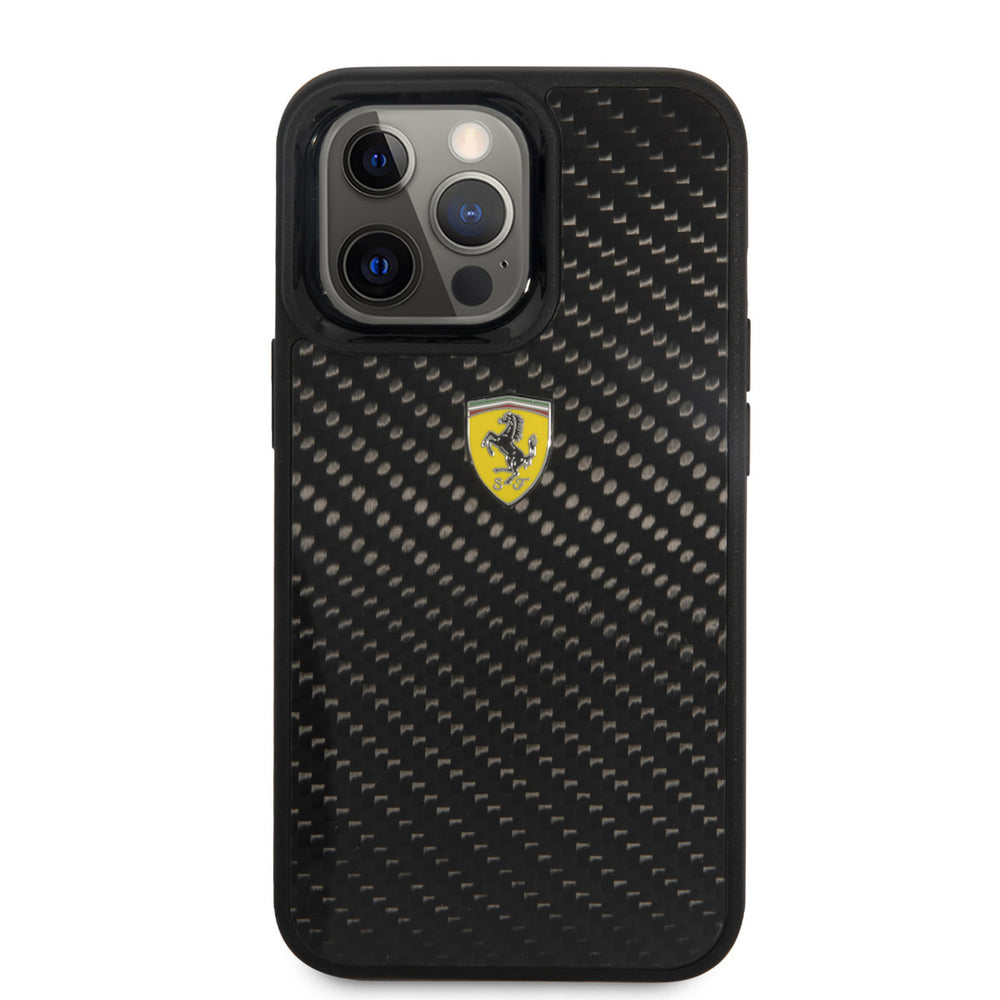 Ferrari iPhone 13 Pro Backcover hoesje - Carbon - Metal Logo - Zwart-Hoesjes-Ilumina Benelux