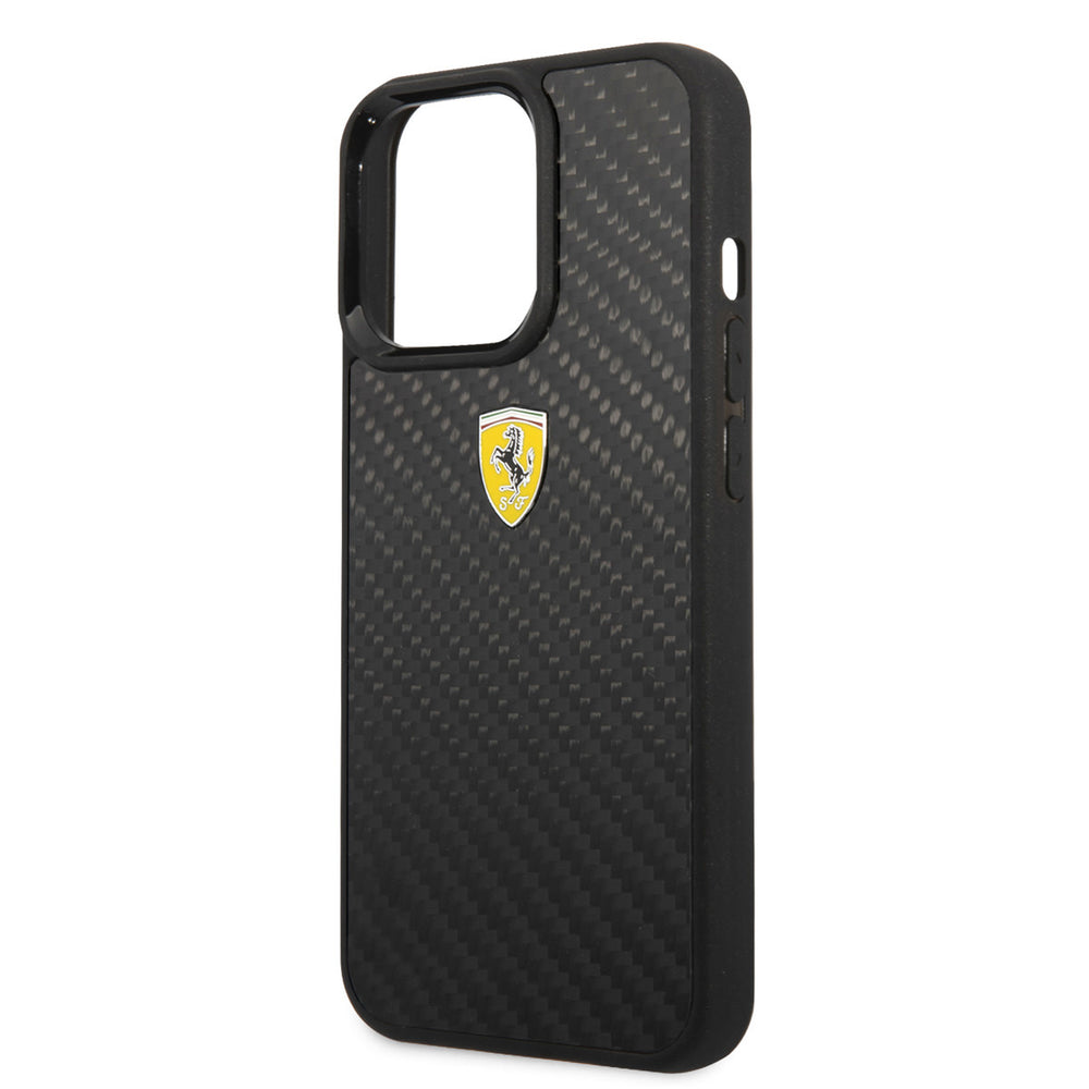 Ferrari iPhone 13 Pro Backcover hoesje - Carbon - Metal Logo - Zwart-Hoesjes-Ilumina Benelux