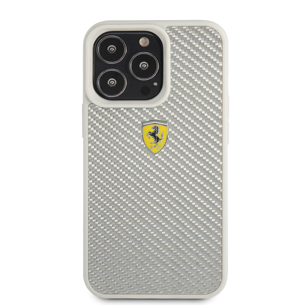 Ferrari iPhone 13 Pro Hardcase Backcover hoesje - Metal Logo - Zilver-Hoesjes-Ilumina Benelux