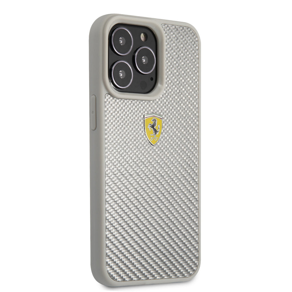Ferrari iPhone 13 Pro Hardcase Backcover hoesje - Metal Logo - Zilver-Hoesjes-Ilumina Benelux