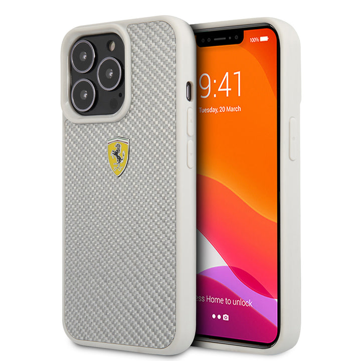 Ferrari iPhone 13 Pro Hardcase Backcover hoesje - Metal Logo - Zilver-Hoesjes-Ilumina Benelux