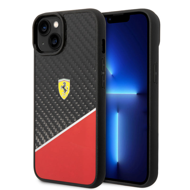 Ferrari iPhone 14 & 15 Plus Hardcase Backcover - Carbon - Stripe - Rood-Hoesjes-Ilumina Benelux