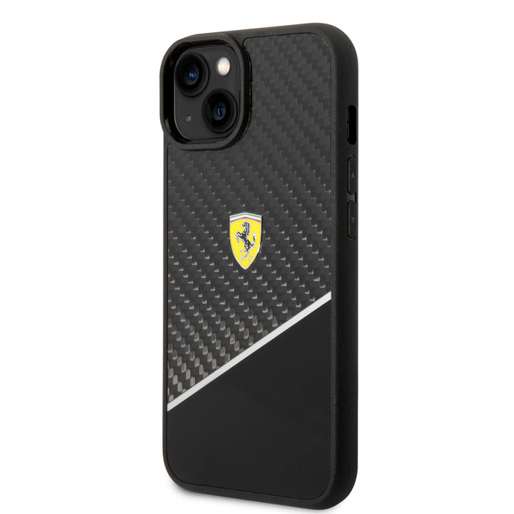 Ferrari iPhone 14 & 15 Plus Hardcase Backcover - Carbon - Stripe - Zwart-Hoesjes-Ilumina Benelux
