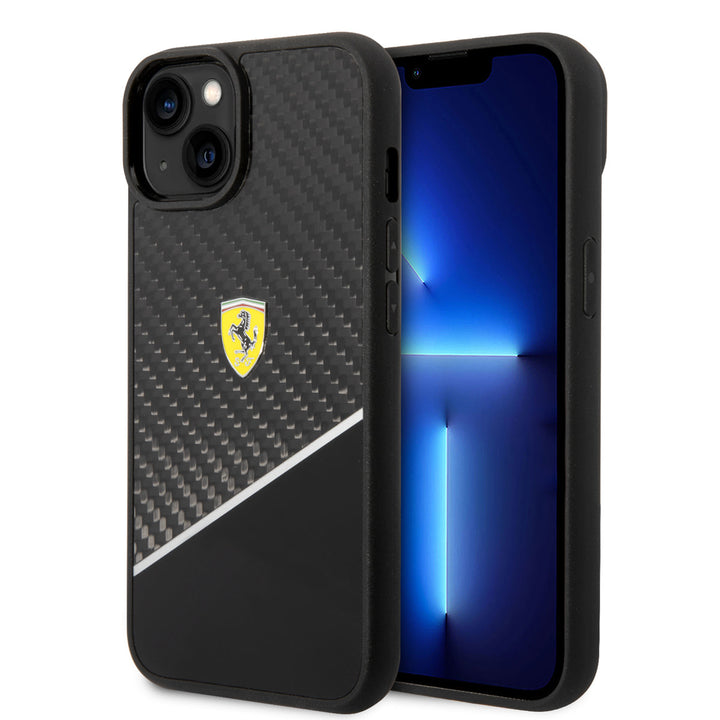Ferrari iPhone 14 & 15 Plus Hardcase Backcover - Carbon - Stripe - Zwart-Hoesjes-Ilumina Benelux