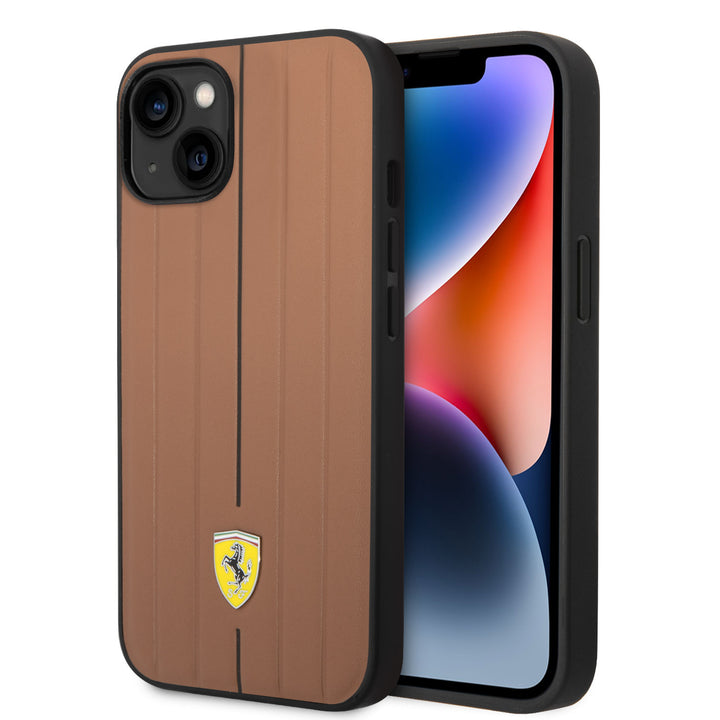 Ferrari iPhone 14 Plus & 15 Plus Backcover hoesje - Embossed Stripes - Camel-Hoesjes-Ilumina Benelux