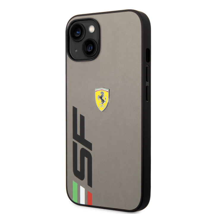 Ferrari iPhone 14 Plus & 15 Plus Backcover hoesje - Leather - Big SF Logo - Grijs-Hoesjes-Ilumina Benelux