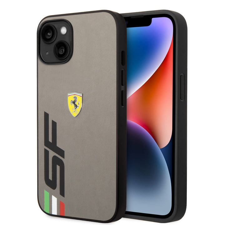 Ferrari iPhone 14 Plus & 15 Plus Backcover hoesje - Leather - Big SF Logo - Grijs-Hoesjes-Ilumina Benelux