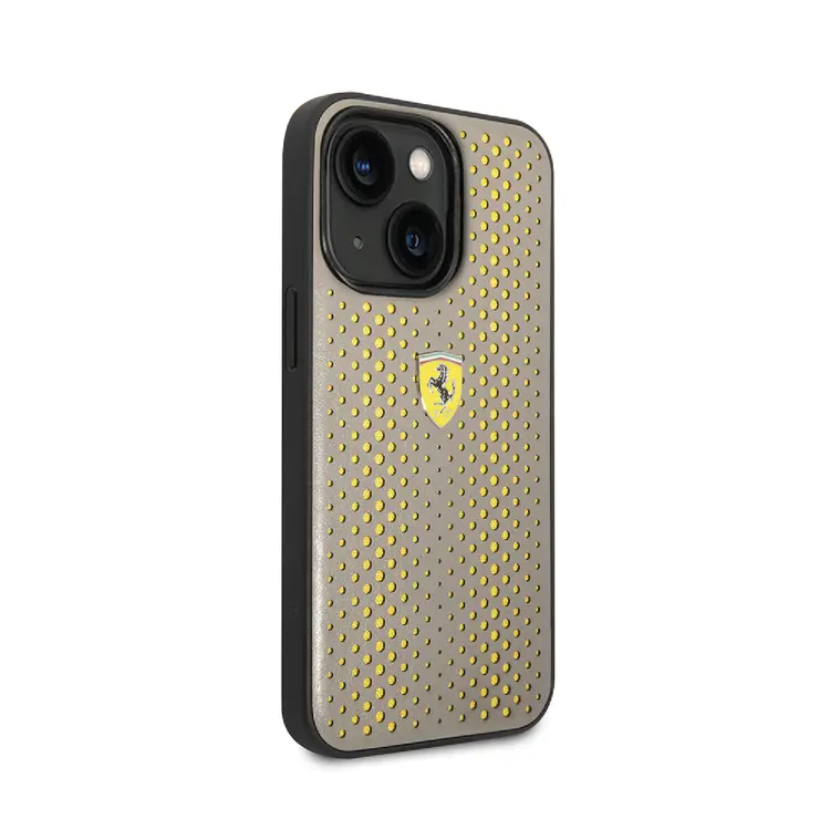 Ferrari iPhone 14 Plus & 15 Plus Backcover hoesje - Perforated - Nylon Base - Taupe-Hoesjes-Ilumina Benelux