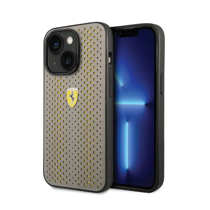 Ferrari iPhone 14 Plus & 15 Plus Backcover hoesje - Perforated - Nylon Base - Taupe-Hoesjes-Ilumina Benelux