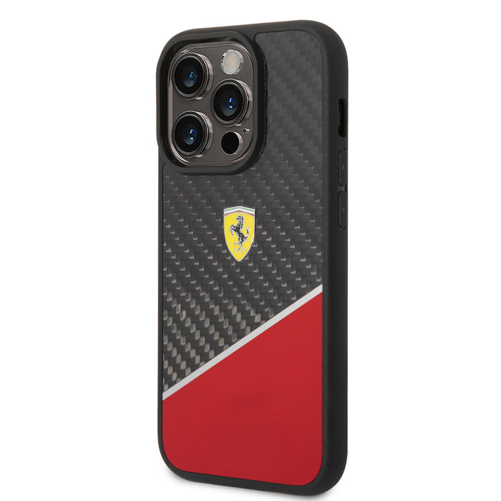 Ferrari iPhone 14 Pro Backcover hoesje - BiMaterial - Carbon & Red Stripe - Zwart-Hoesjes-Ilumina Benelux