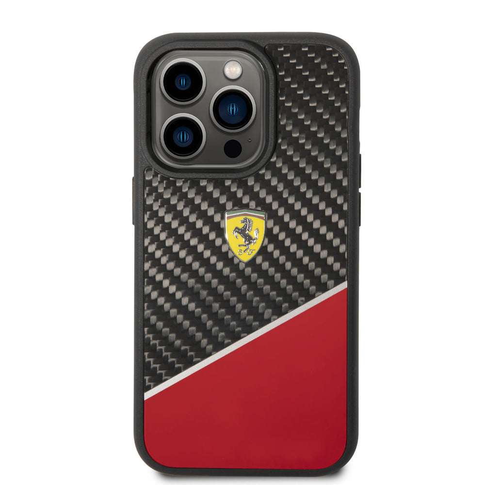 Ferrari iPhone 14 Pro Backcover hoesje - BiMaterial - Carbon & Red Stripe - Zwart-Hoesjes-Ilumina Benelux