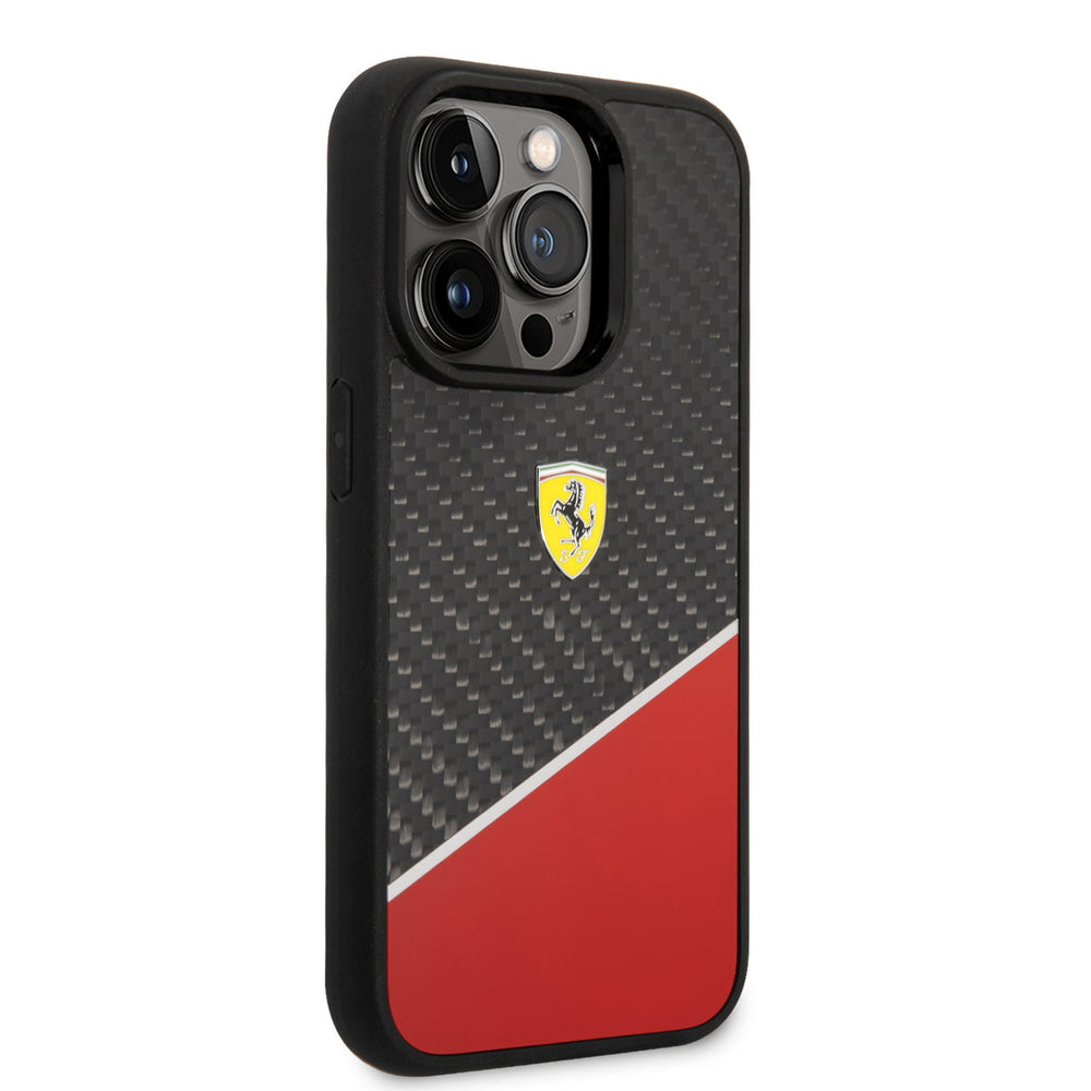 Ferrari iPhone 14 Pro Backcover hoesje - BiMaterial - Carbon & Red Stripe - Zwart-Hoesjes-Ilumina Benelux