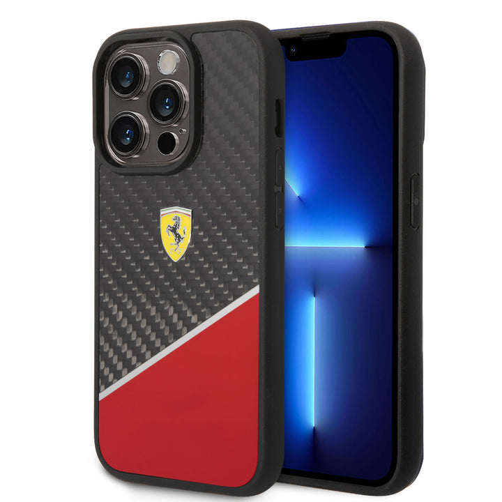 Ferrari iPhone 14 Pro Backcover hoesje - BiMaterial - Carbon & Red Stripe - Zwart-Hoesjes-Ilumina Benelux
