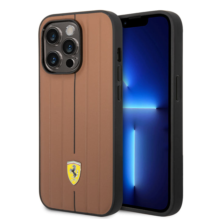 Ferrari iPhone 14 Pro Backcover hoesje - Embossed Stripes - Camel-Hoesjes-Ilumina Benelux