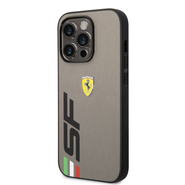 Ferrari iPhone 14 Pro Backcover hoesje - Leather - Big SF Logo - Grijs-Hoesjes-Ilumina Benelux