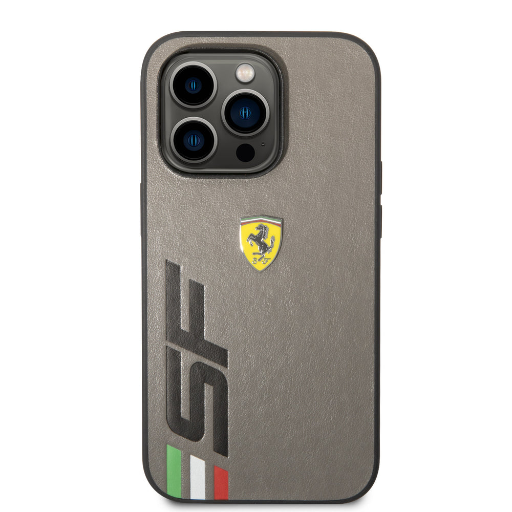 Ferrari iPhone 14 Pro Backcover hoesje - Leather - Big SF Logo - Grijs-Hoesjes-Ilumina Benelux