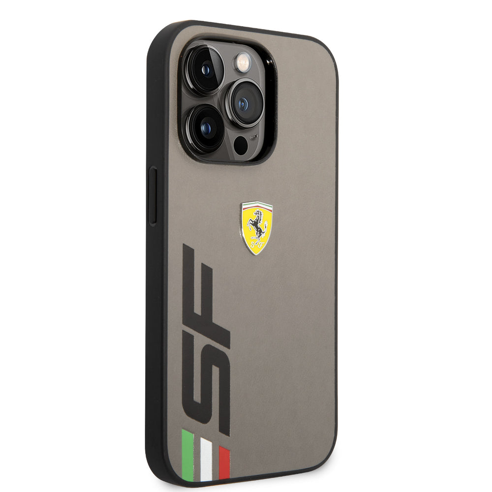 Ferrari iPhone 14 Pro Backcover hoesje - Leather - Big SF Logo - Grijs-Hoesjes-Ilumina Benelux