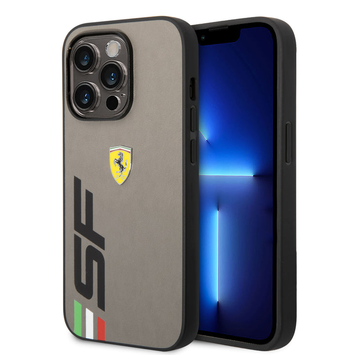 Ferrari iPhone 14 Pro Backcover hoesje - Leather - Big SF Logo - Grijs-Hoesjes-Ilumina Benelux