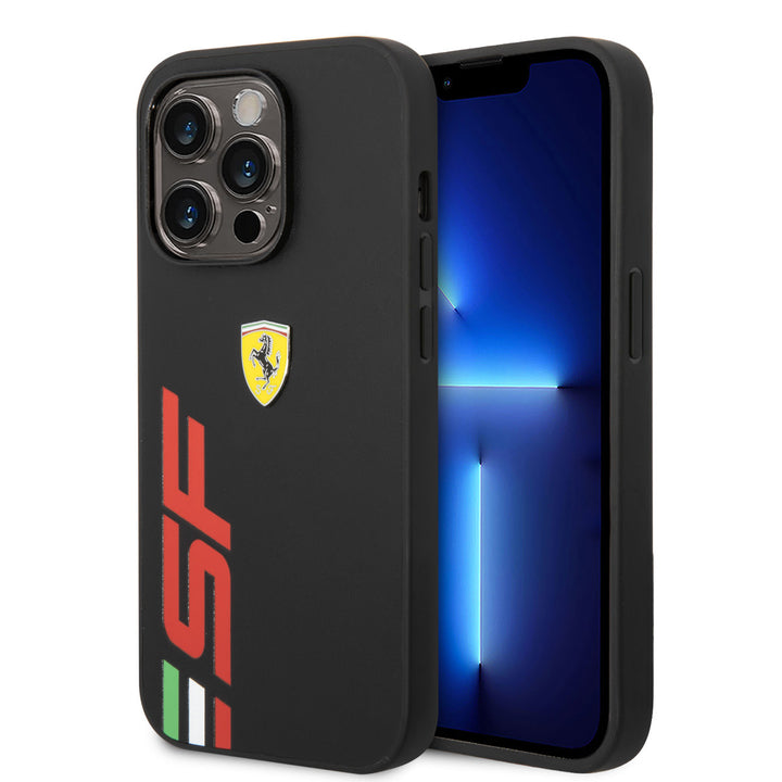 Ferrari iPhone 14 Pro Backcover hoesje - Leather - Big SF Logo - Zwart-Hoesjes-Ilumina Benelux