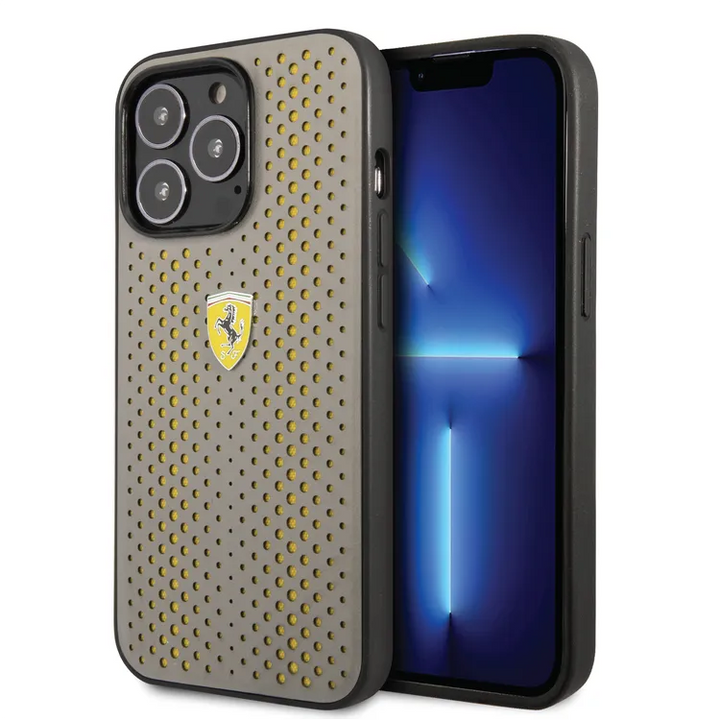 Ferrari iPhone 14 Pro Backcover hoesje Leather Perfo - Geel-Hoesjes-Ilumina Benelux