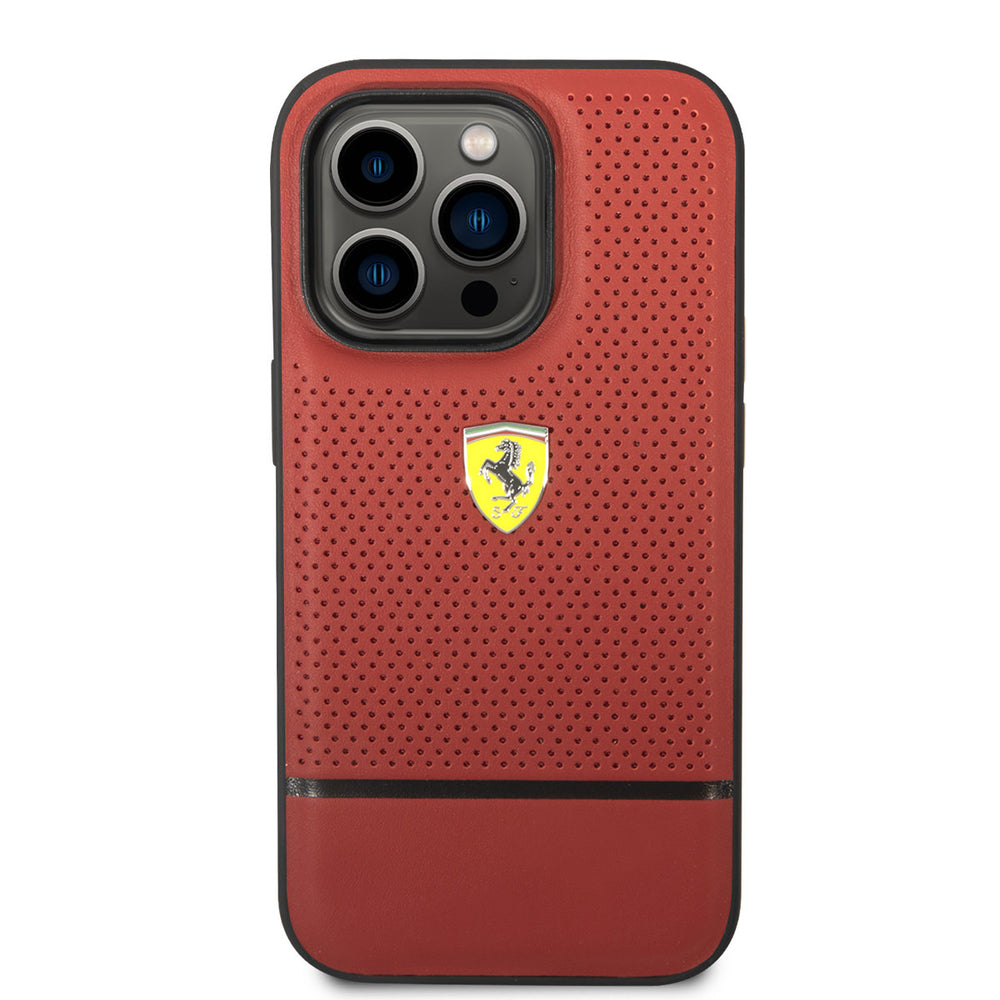 Ferrari iPhone 14 Pro Backcover hoesje - Real Leather - Perforated - Rood-Hoesjes-Ilumina Benelux