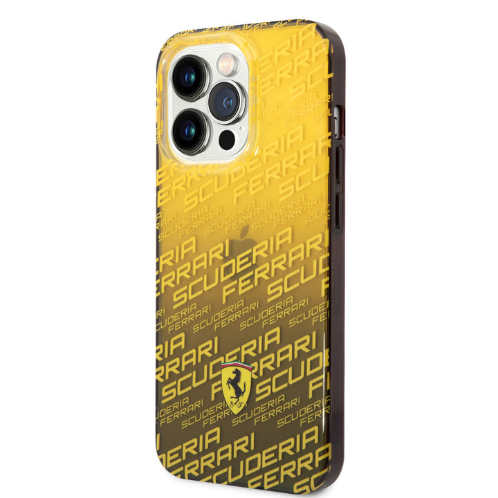 Ferrari iPhone 14 Pro Backcover hoesje - Scuderia Allover - Dyed Bumper - Geel-Hoesjes-Ilumina Benelux