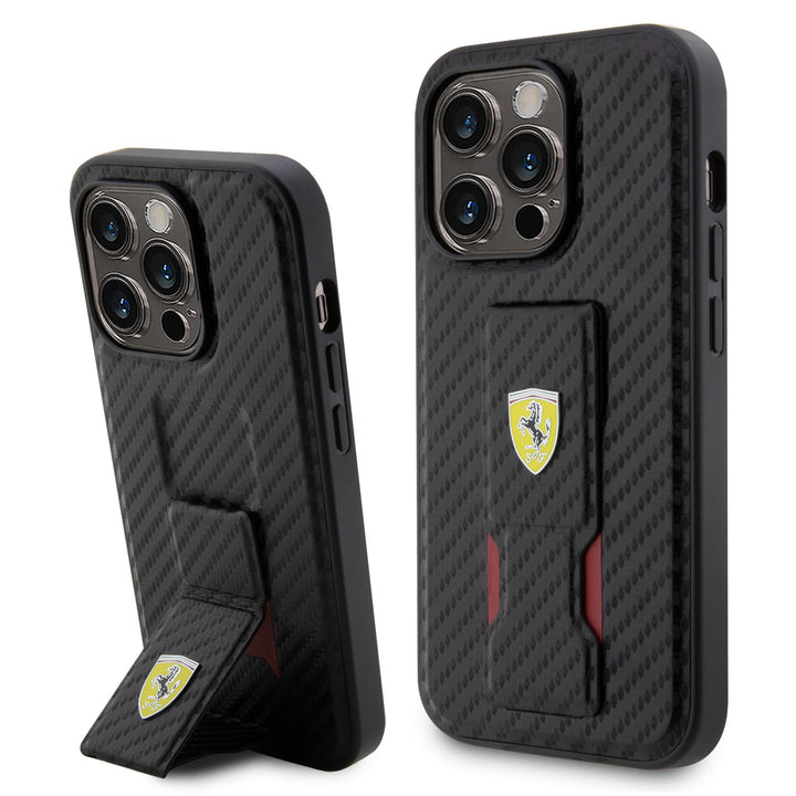 Ferrari iPhone 15 Pro Backcover hoesje - Gripstand Carbon Case - Zwart-Hoesjes-Ilumina Benelux