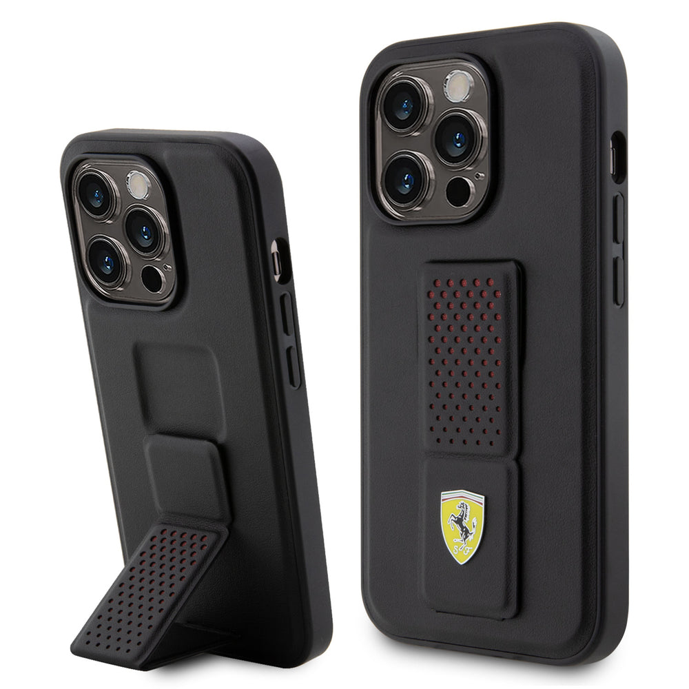 Ferrari iPhone 15 Pro Backcover hoesje - Perforated Gripstand - Zwart-Hoesjes-Ilumina Benelux