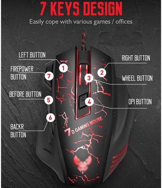 Gaming muis bedraad – RGB – Optische USB – 4 DPI standen tot 2400 – Ergonomisch – 7 knoppen – Zwart-Muis-Ilumina Benelux