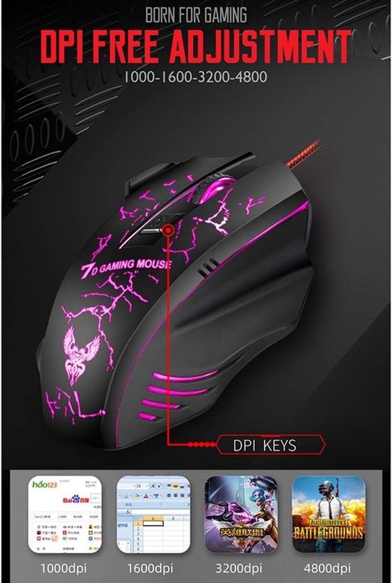 Gaming muis bedraad – RGB – Optische USB – 4 DPI standen tot 2400 – Ergonomisch – 7 knoppen – Zwart-Muis-Ilumina Benelux