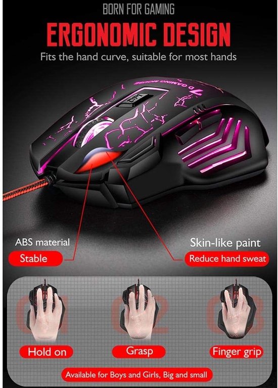 Gaming muis bedraad – RGB – Optische USB – 4 DPI standen tot 2400 – Ergonomisch – 7 knoppen – Zwart-Muis-Ilumina Benelux