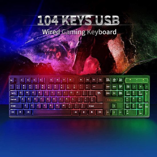 Gaming toetsenbord – Bedraad USB – 104 toetsen – RGB 3-kleur achtergrondverlichting – Ergonomisch – Zwart-Toetsenbord-Ilumina Benelux