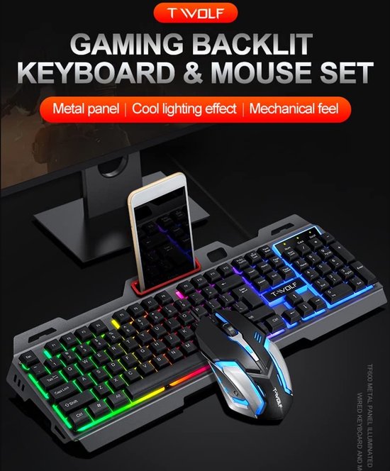 Gaming toetsenbord – RGB verlichting – Bedraad USB – 104 toetsen QWERTY – Anti-spatwater – Met telefoonhouder – Zwart-Toetsenbord-Ilumina Benelux