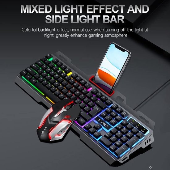 Gaming toetsenbord – RGB verlichting – Bedraad USB – 104 toetsen QWERTY – Anti-spatwater – Met telefoonhouder – Zwart-Toetsenbord-Ilumina Benelux